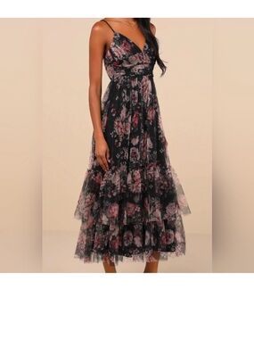 Lulu's Black Floral Tiered Mesh Maxi Dress with Pink Roses